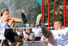 Emmanuel Bouchard vs. Sebastien Verdy photo by Pierre Frigon Emmanuel Bouchard at the 1998 world footbag championships