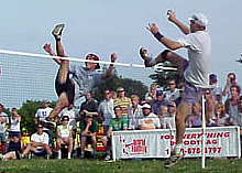 Emmanuel Bouchard vs. Kenny Shults photo by Finland footbag Emmanuel Bouchard at the 1999 world footbag championship